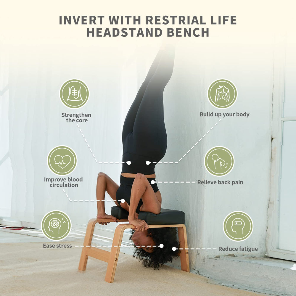 Restrial Life bench in use assisting a headstand with safer alignment