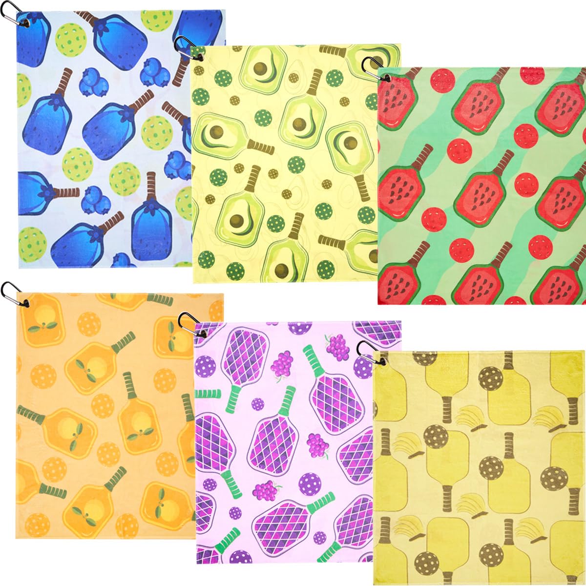 Retrora front view of six packaged pickleball towels showing variety and portability