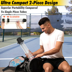 Retrora collecting multiple pickleballs on court to reduce bending and save time