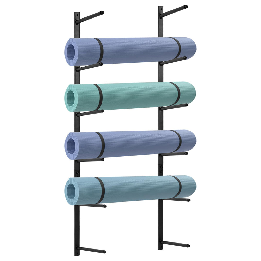 Retyion front view of wall-mounted rack showing six storage tiers and tidy mats benefit