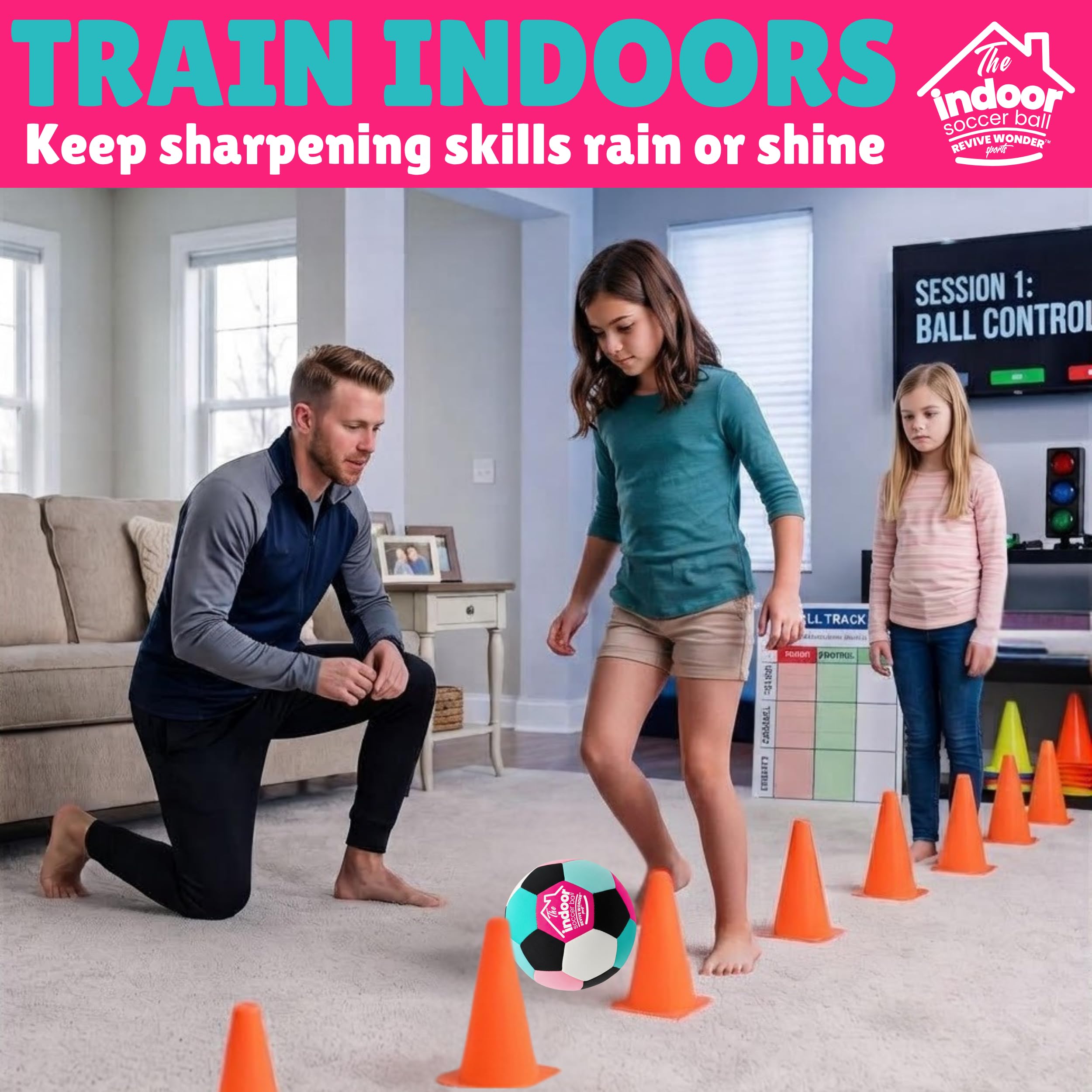 Revive Wonder ball being kicked in a living room delivering quiet indoor practice