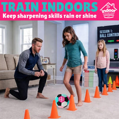 Revive Wonder ball being kicked in a living room delivering quiet indoor practice