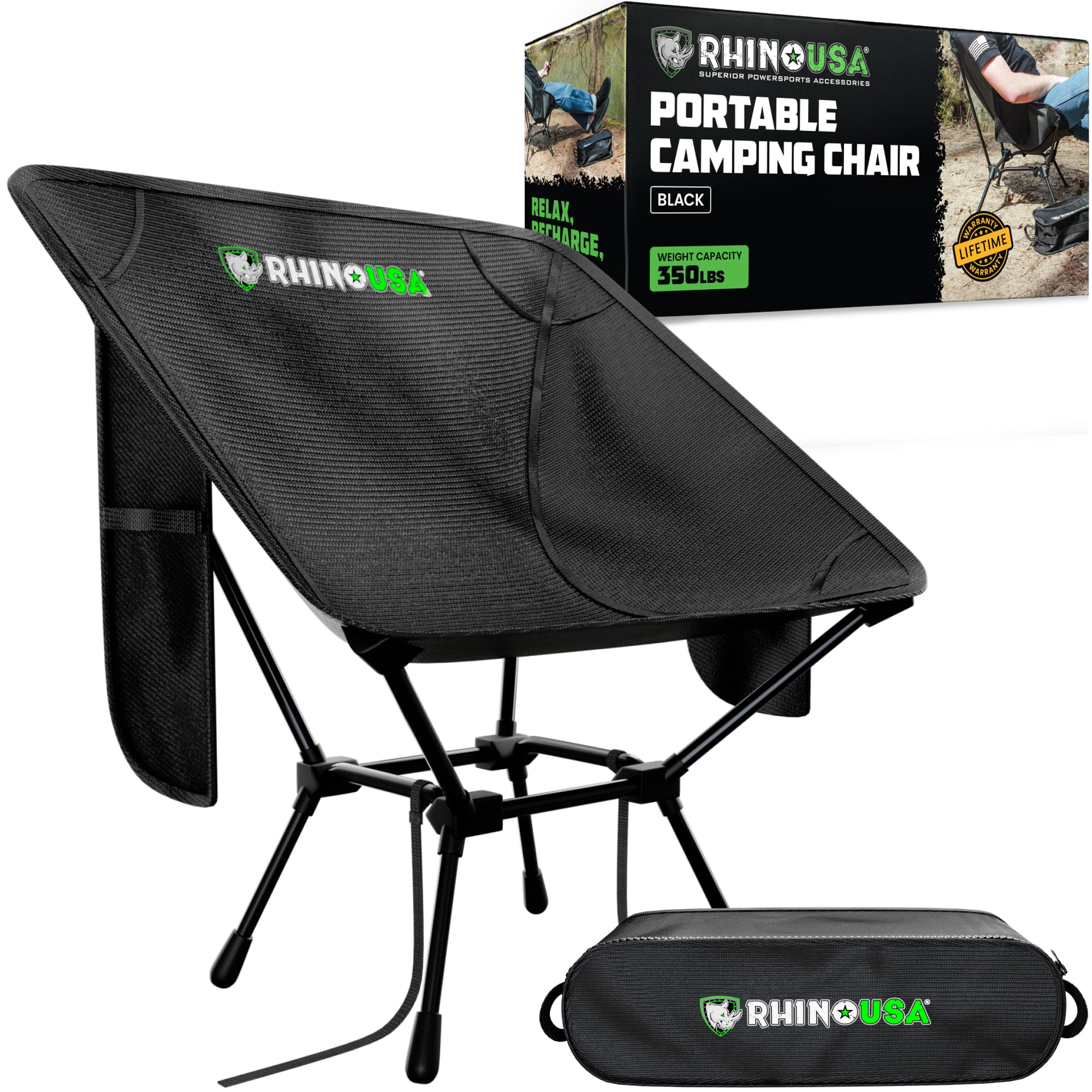 Rhino USA front view folded chair showing compact portability and reliable support
