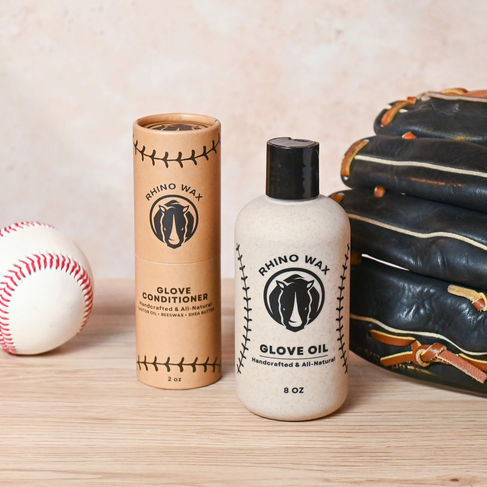 Rhino Wax being applied to a glove in use to restore flexibility and playable feel