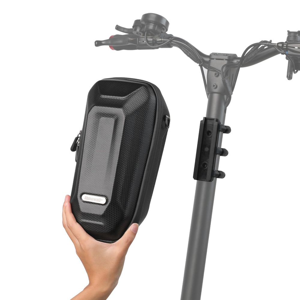 Rhinowalk handlebar bag mounted on scooter showing secure fit and easy access