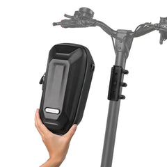 Rhinowalk handlebar bag mounted on scooter showing secure fit and easy access