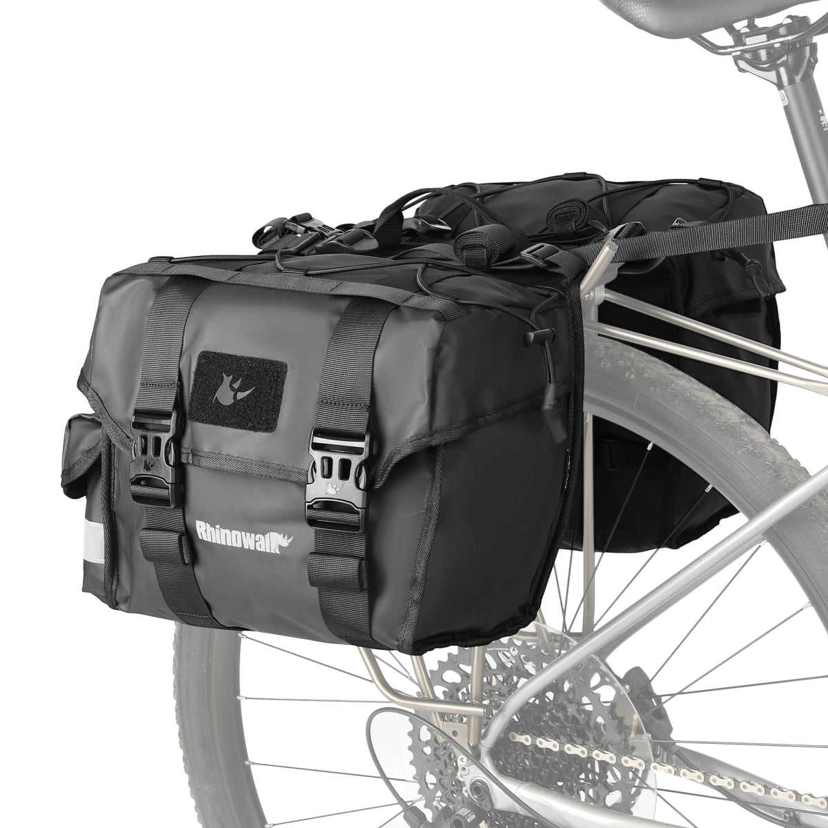 Rhinowalk front view of pannier showing waterproof flip-top and structure for dry storage