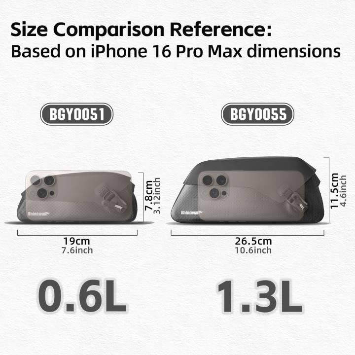 Rhinowalk size and scale next to phone illustrating 1.3L capacity fit