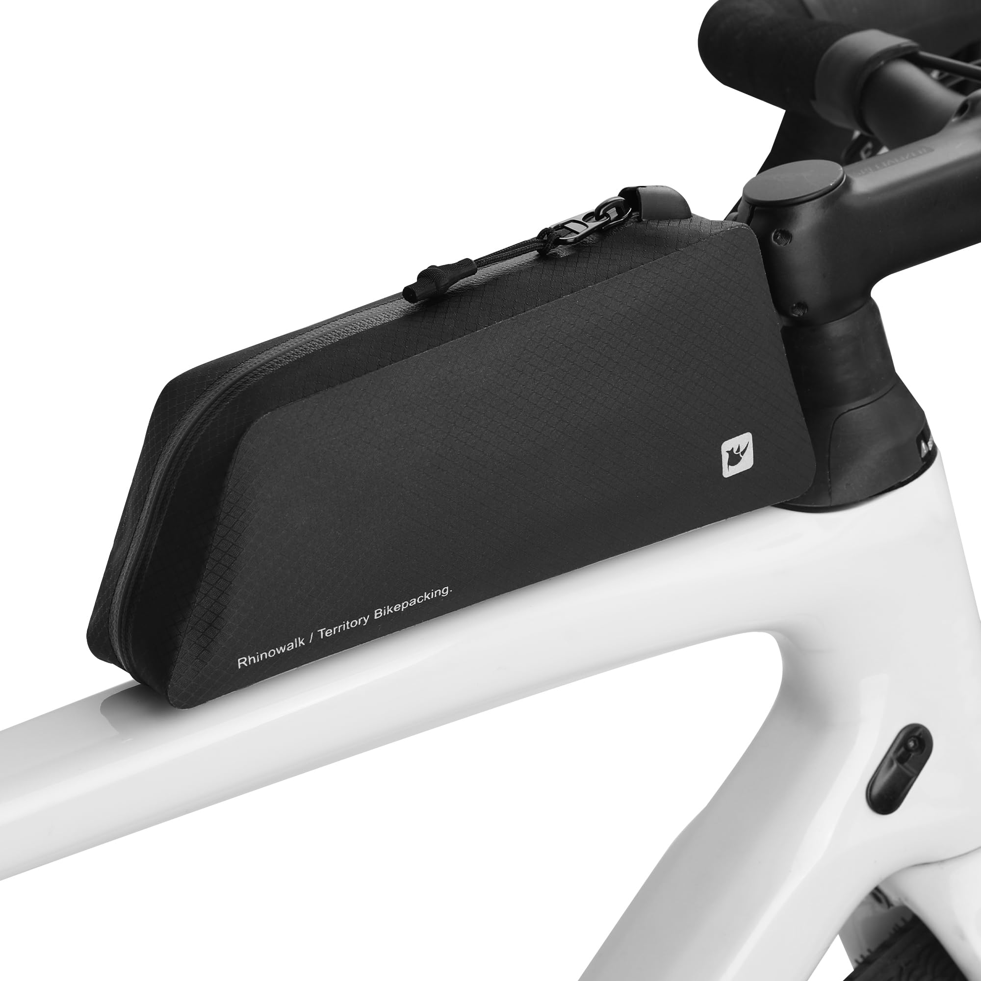 Rhinowalk bag front view showing sleek hard-shell and slim profile for aero benefit