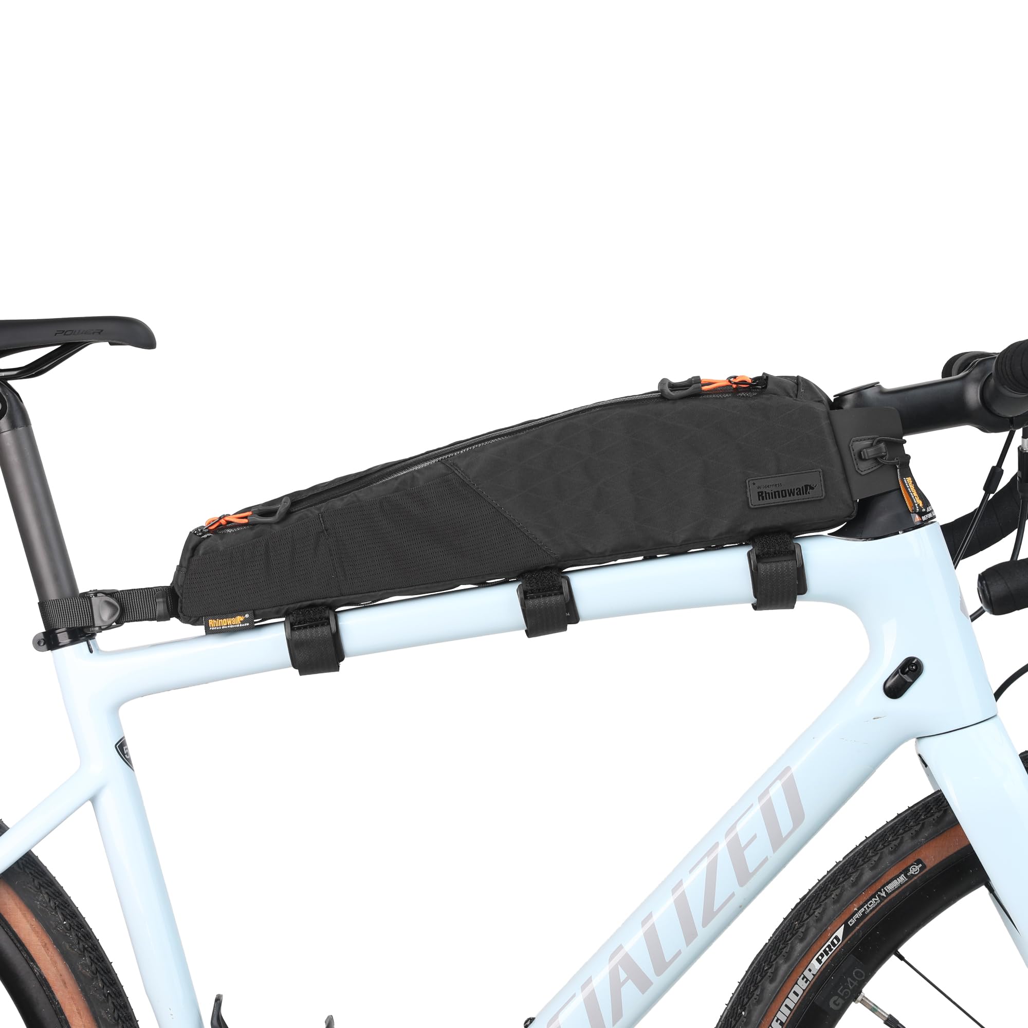 Rhinowalk front view of top tube bag showing slim profile and sleek finish for protection