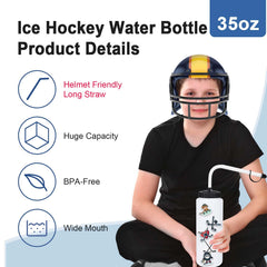 RhythmFit bottle label detail showing hockey sticks and puck design for team identity