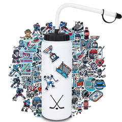 RhythmFit front view of two hockey water bottles showing sport graphics and capacity benefit