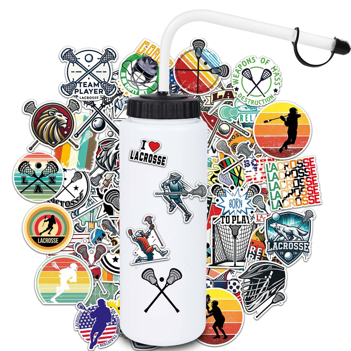 RhythmFit front view of lacrosse bottle showing sport graphics and capacity benefit
