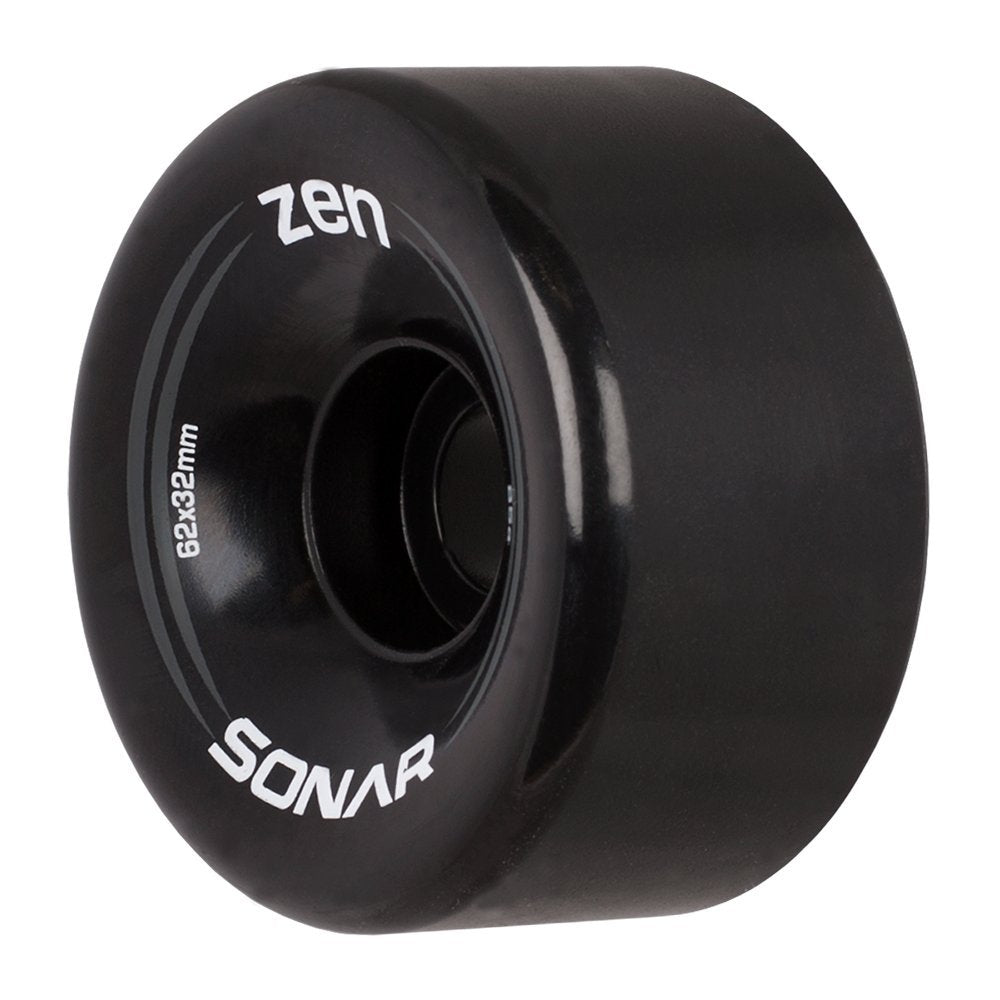 Riedell Zen Wheels front view showing four black wheels and clear labeling for easy identification and choice