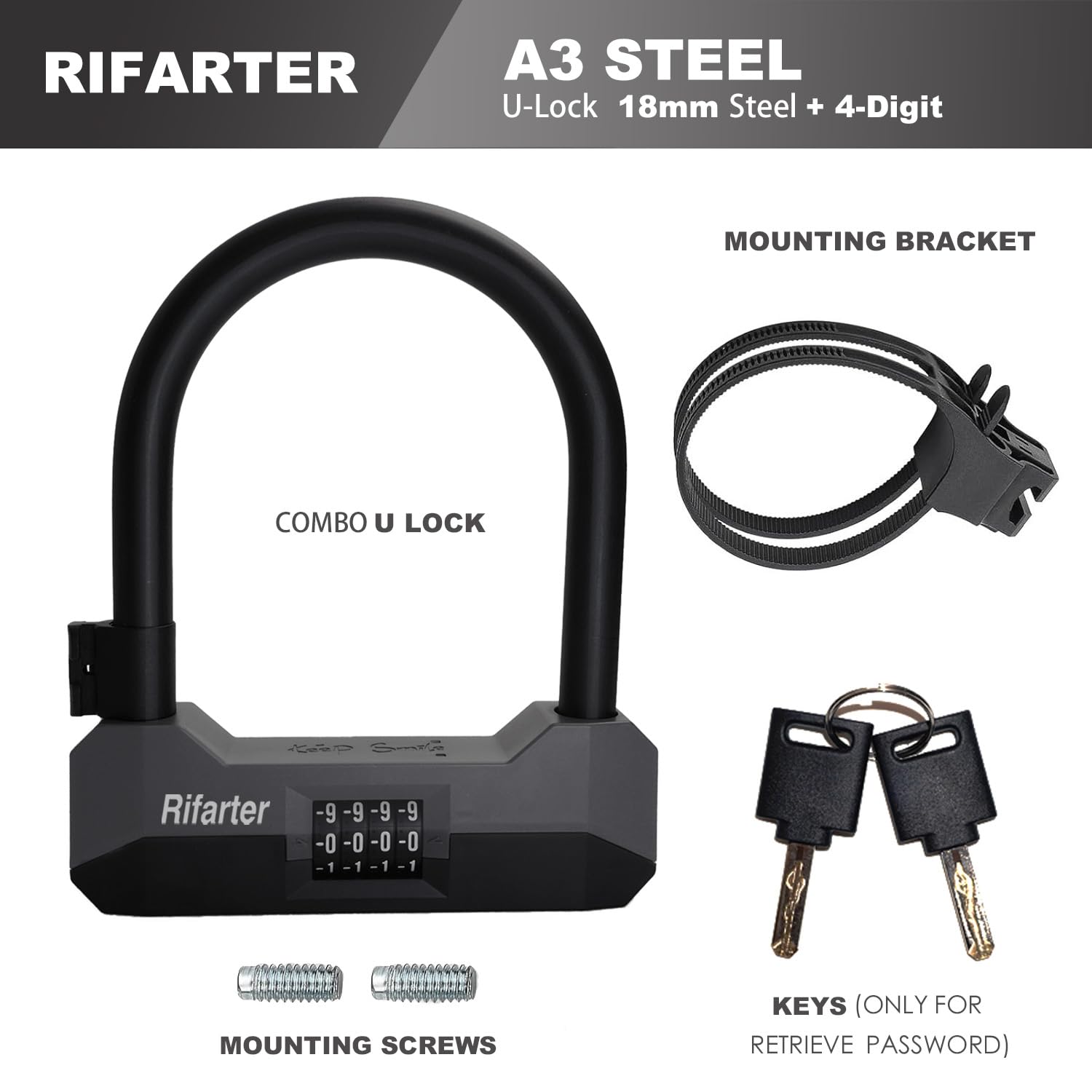 Rifarter U-lock next to ruler showing dimensions and clear fit reassurance