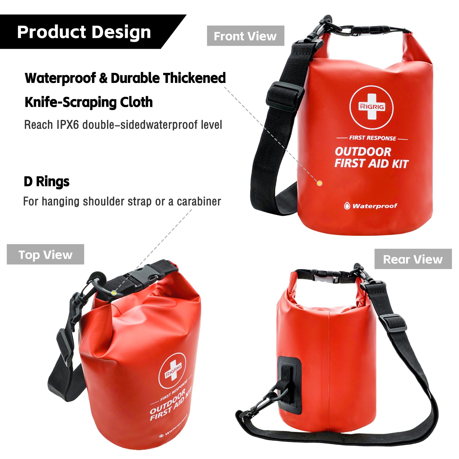 RIGRIG first aid kit contents laid out with bandages and tools for quick identification and readiness