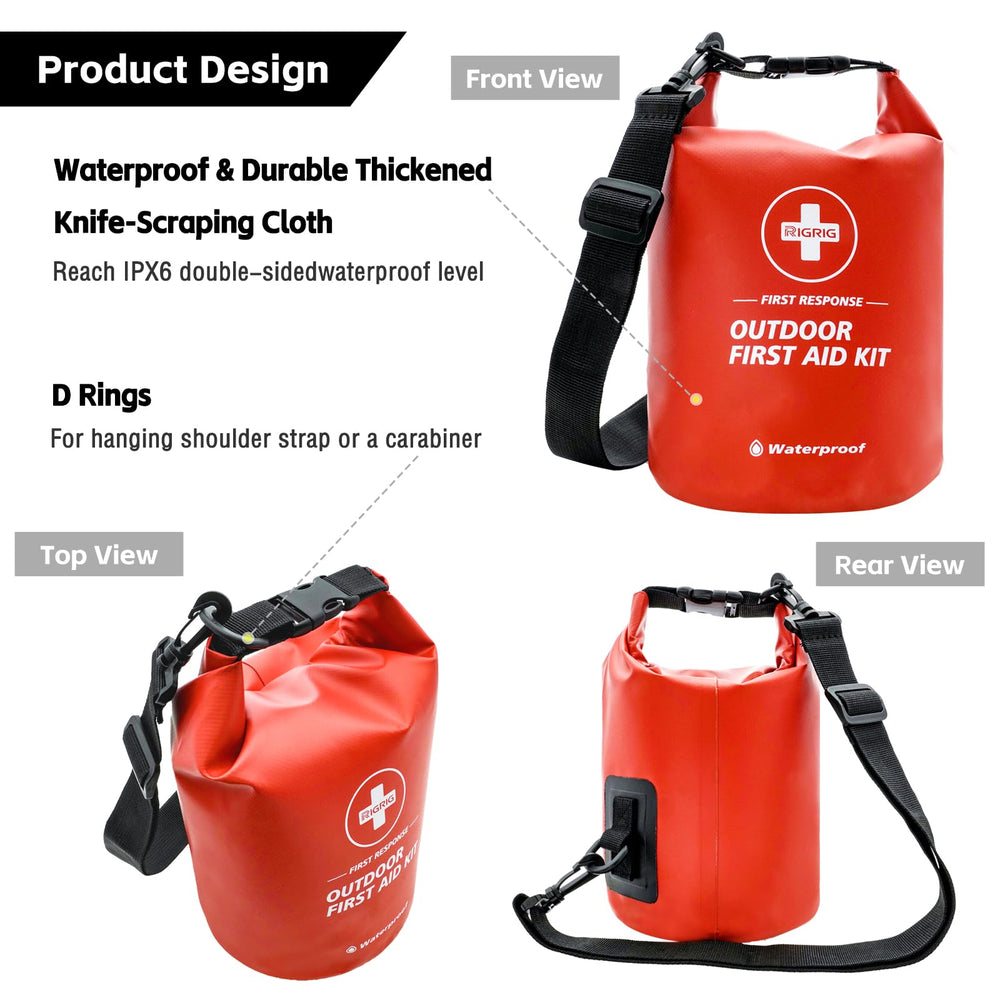 RIGRIG first aid kit contents laid out with bandages and tools for quick identification and readiness