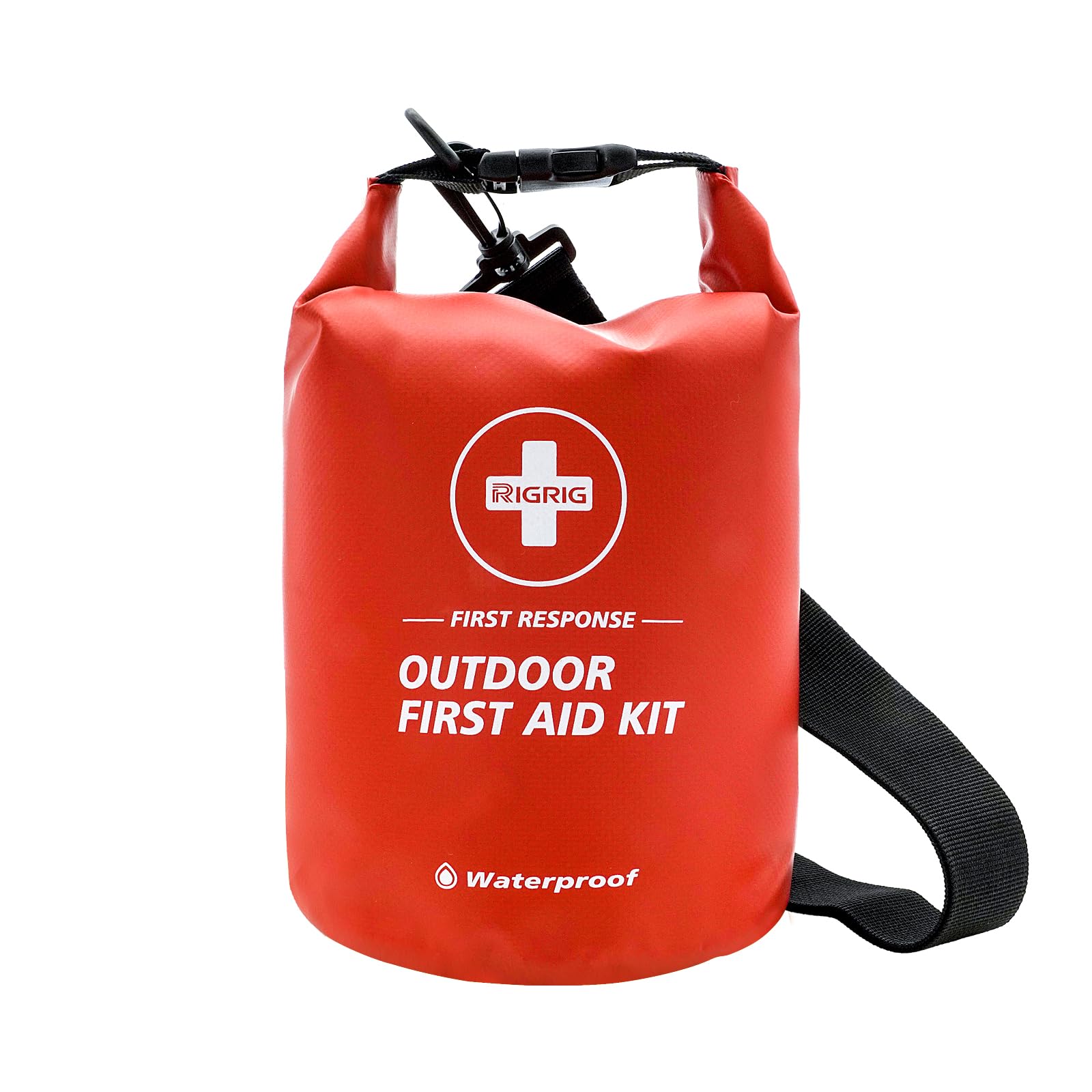 RIGRIG waterproof first aid bag front view showing durable closure and visible red color, protecting supplies