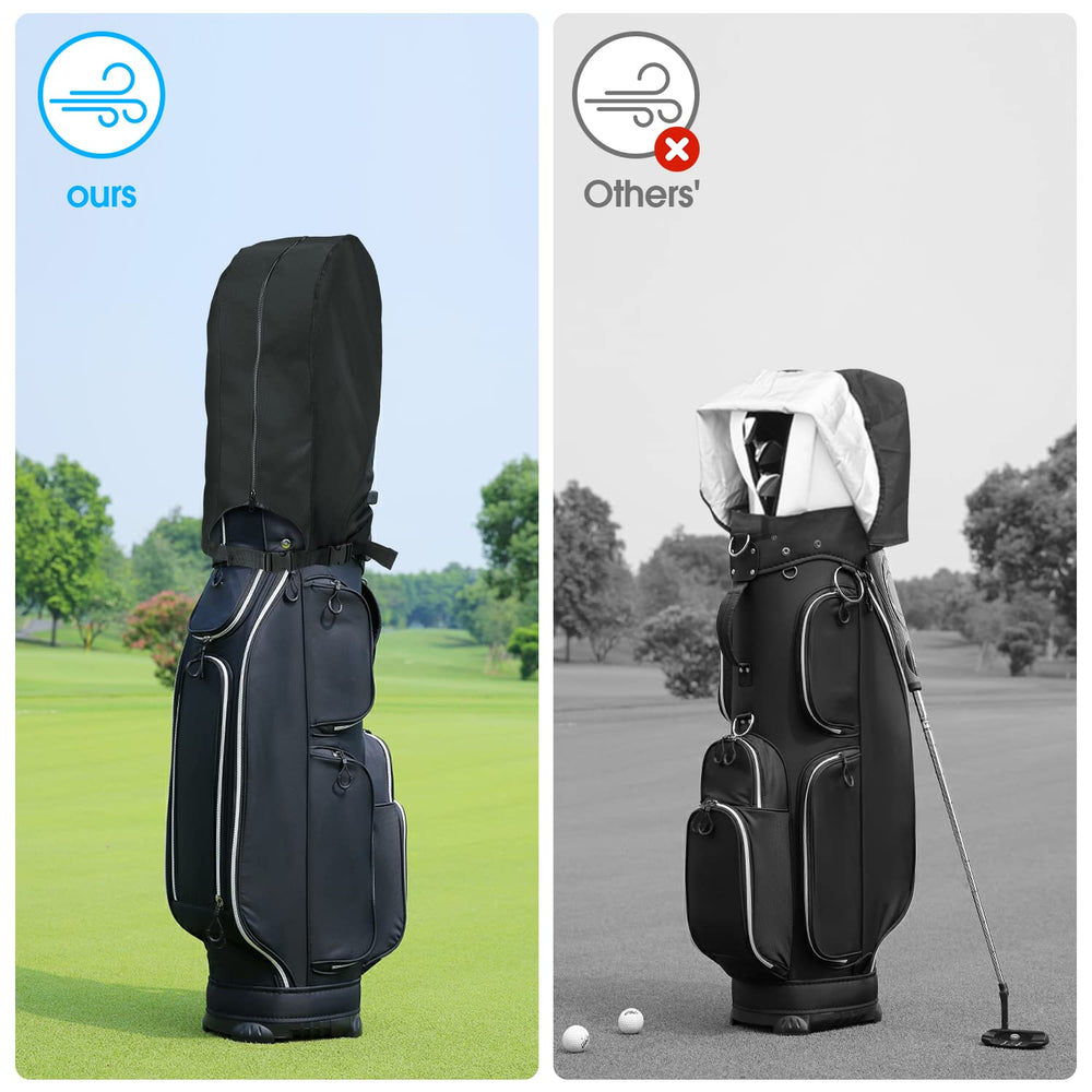 Rilime cover installed on stand bag in play protecting clubs from rain