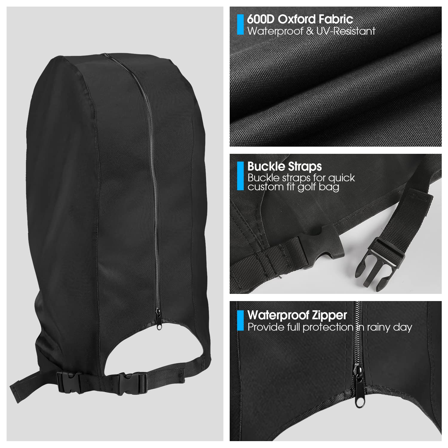 Rilime water-resistant zipper closeup enabling fast one-hand club access