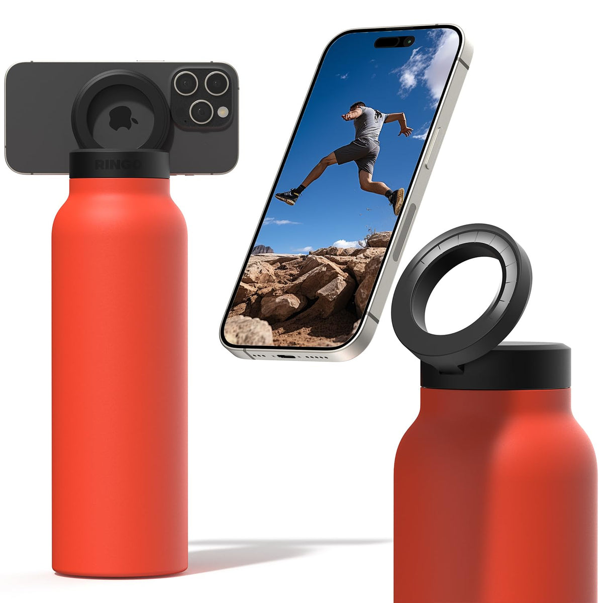 Ringo front view orange bottle showing sleek powder-coated finish and carry loop