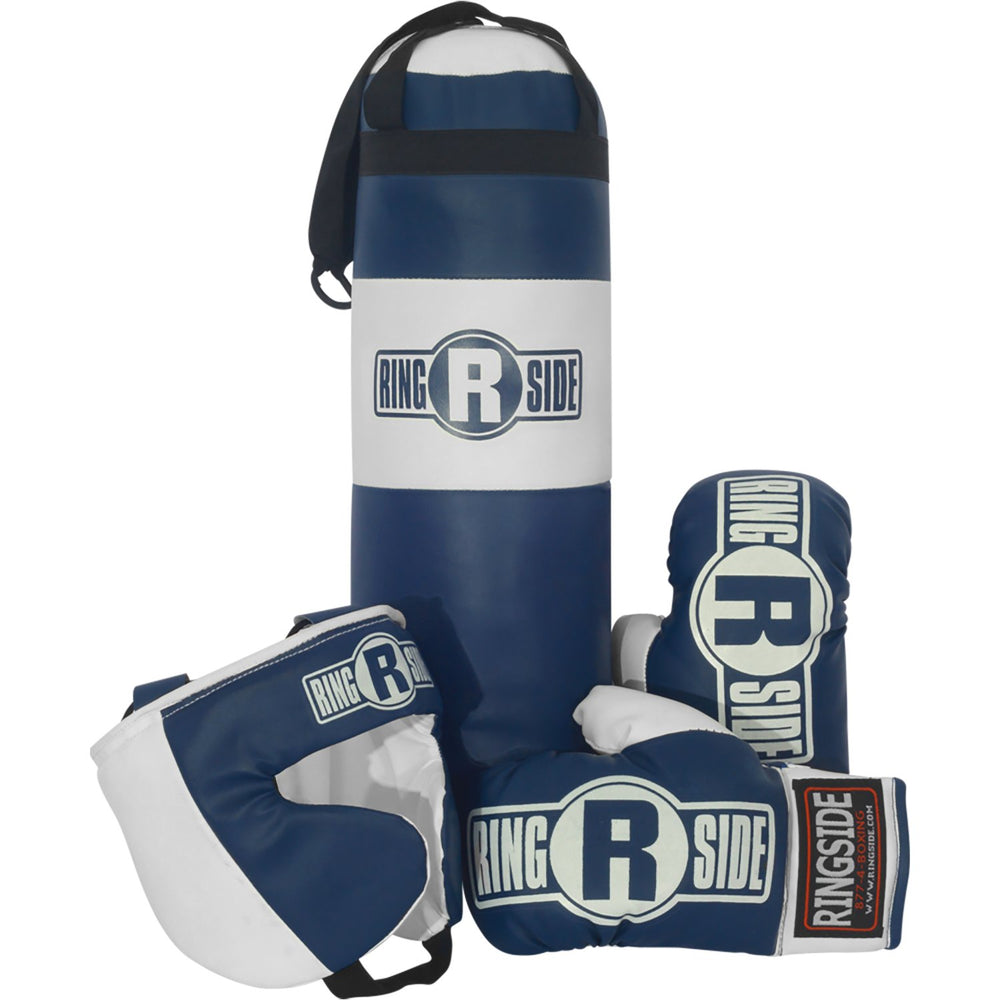 Ringside blue set front packaging showing complete kids boxing kit and easy setup benefit