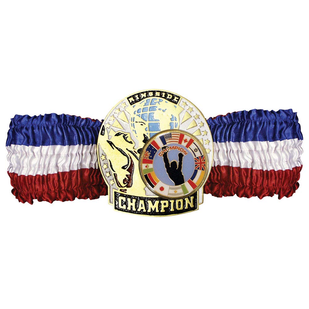 Ringside front view of multicolor championship belt showing bold design and prestige