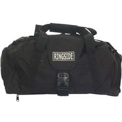 Ringside front view of black convertible gym bag showing logo and handles benefiting identification