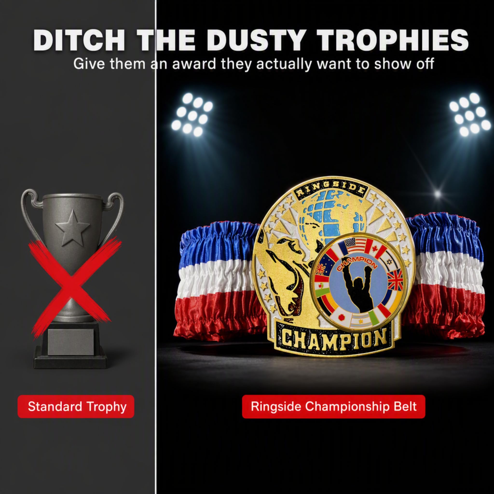Ringside belt displayed on trophy shelf enhancing event presentation and photos
