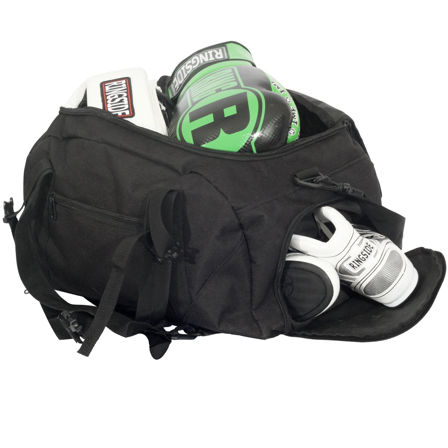 Ringside open bag showing large center and zippered end wet pocket for organized storage