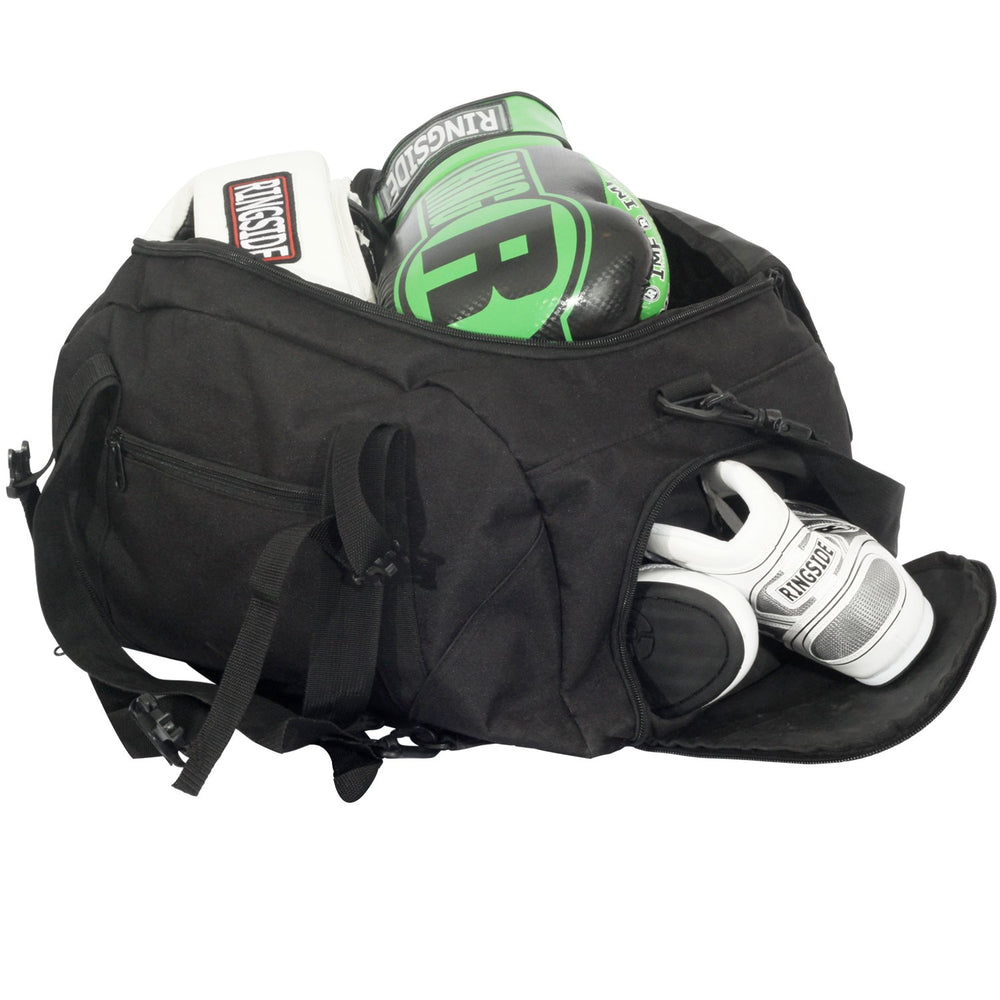 Ringside open bag showing large center and zippered end wet pocket for organized storage