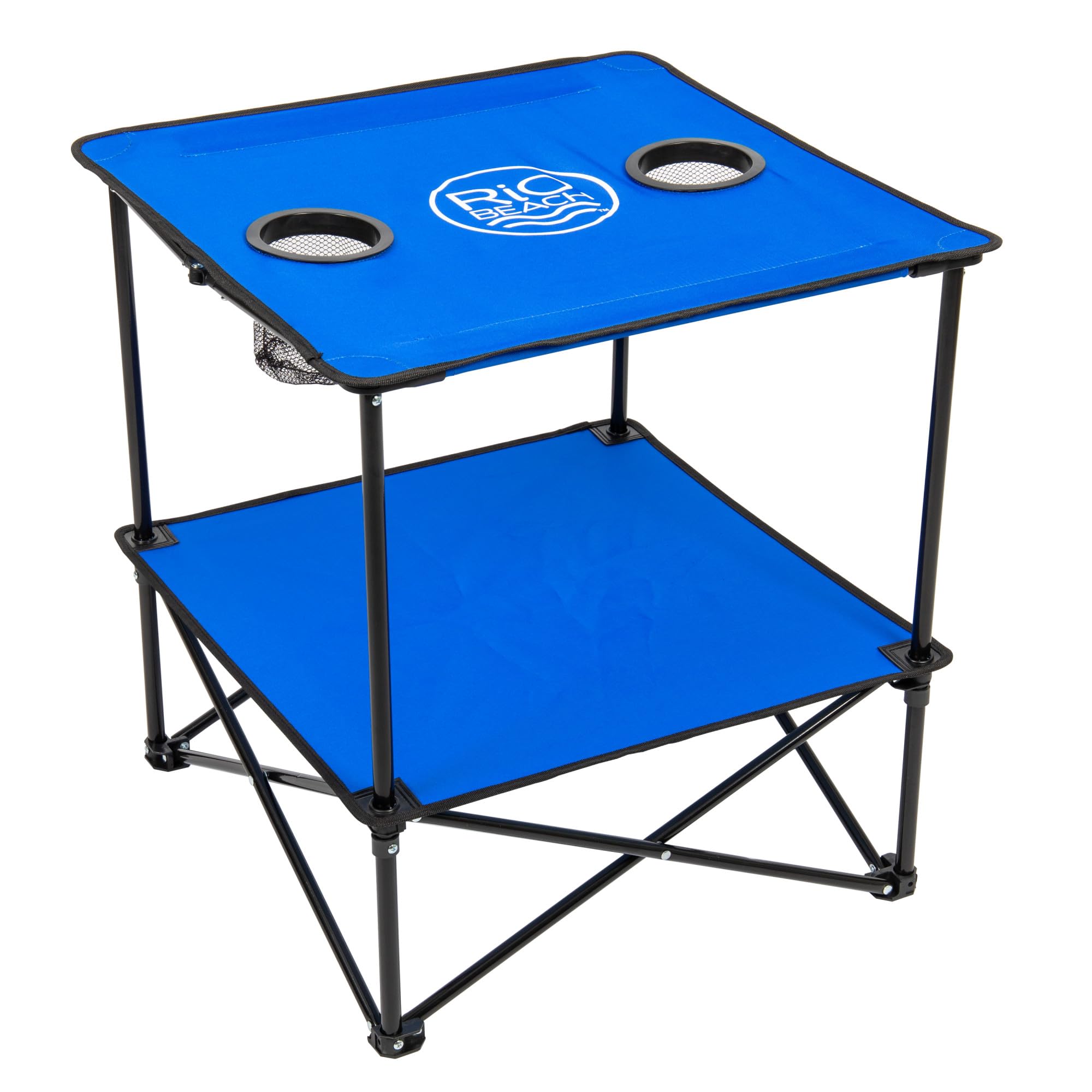 Rio Brands front view of blue table showing stable surface and cupholders