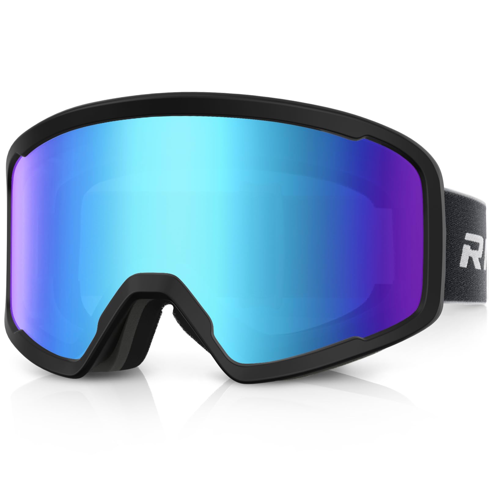 RIOROO front view of goggles showing full-coverage lens and secure strap benefit