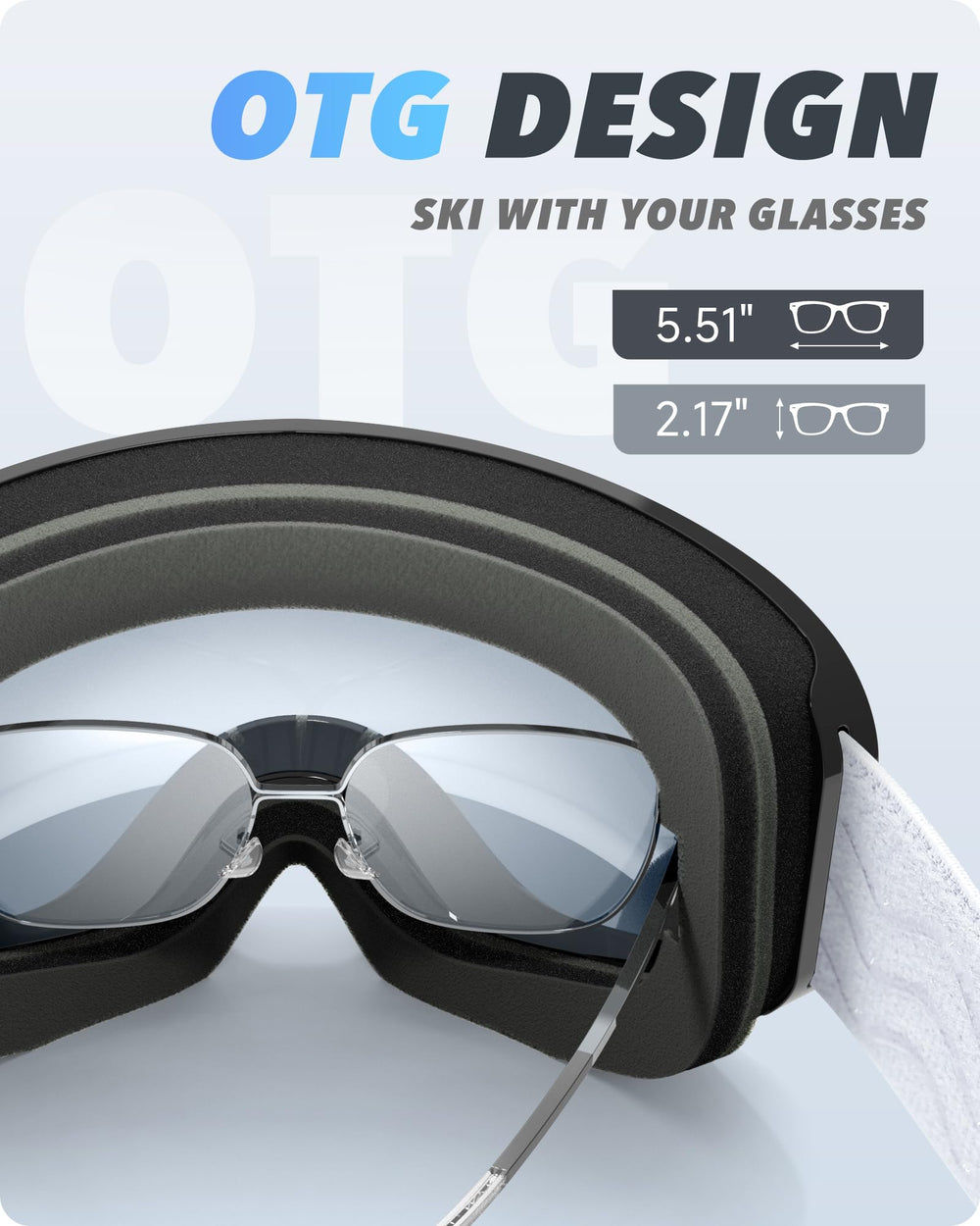 RIOROO goggles beside eyeglasses illustrating OTG fit and real-world scale benefit