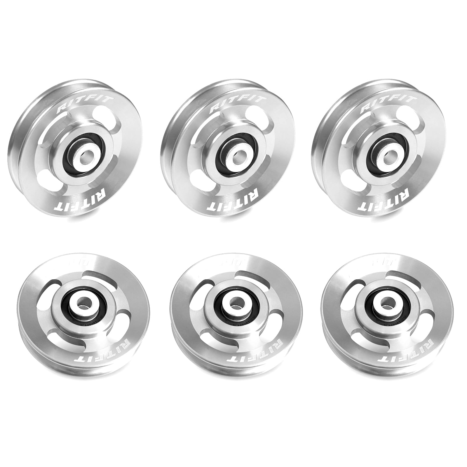 RitFit front view of six aluminum pulley wheels showing clean finish and packaging benefit