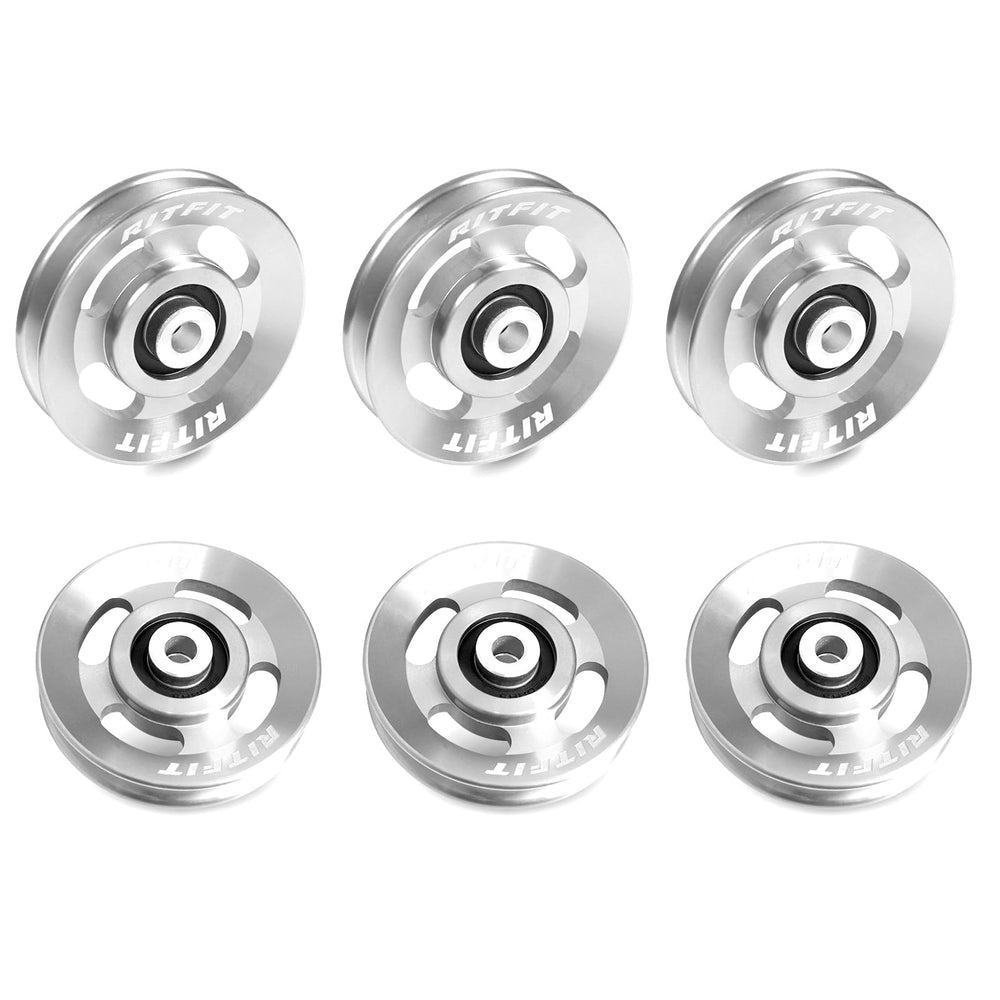 RitFit front view of six aluminum pulley wheels showing clean finish and packaging benefit