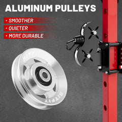RitFit pulley mounted on a power rack illustrating easy installation and fit