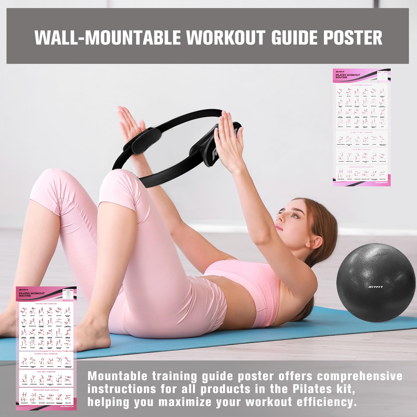 RitFit large workout poster and yoga strap displayed for device-free routines