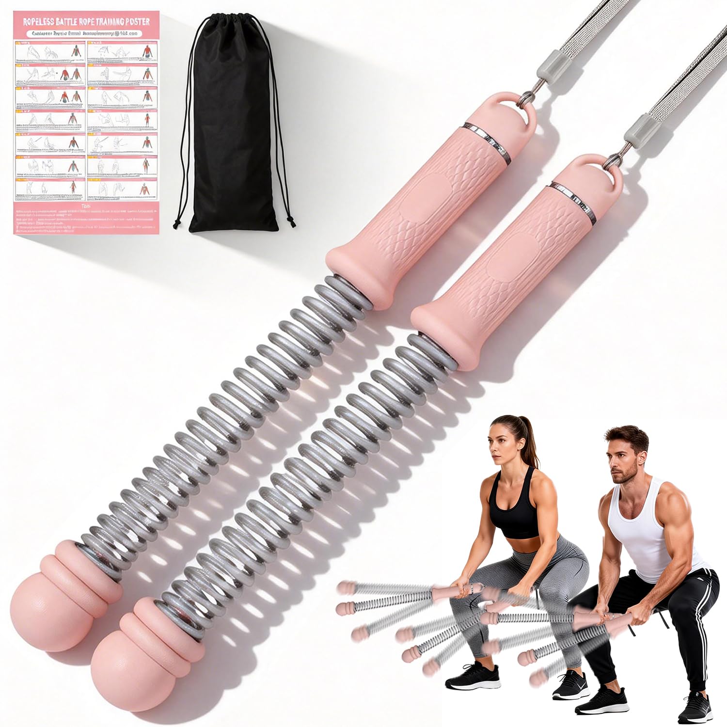RIZENCE front view of pink ropeless battle ropes showing compact design and color