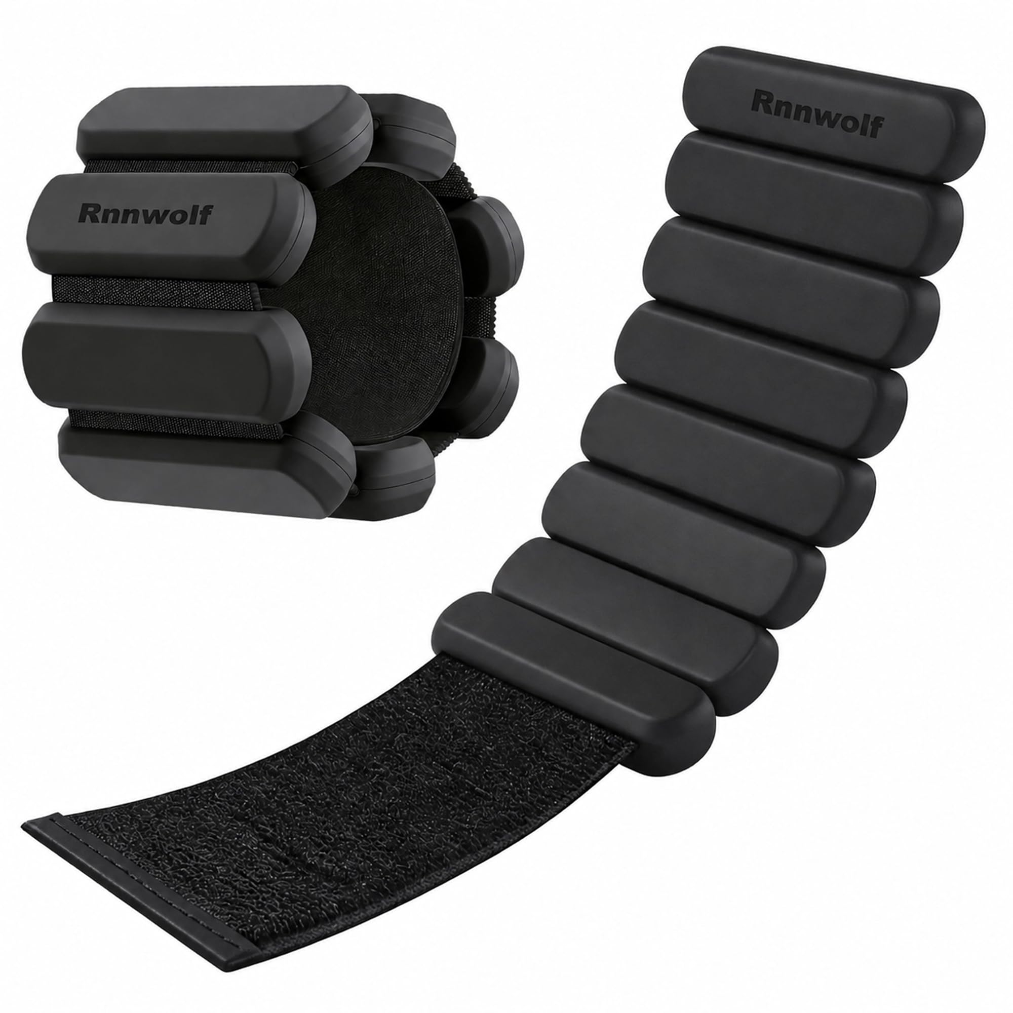 Rnnwolf front view showing compact silicone bangles and storage bag for easy travel