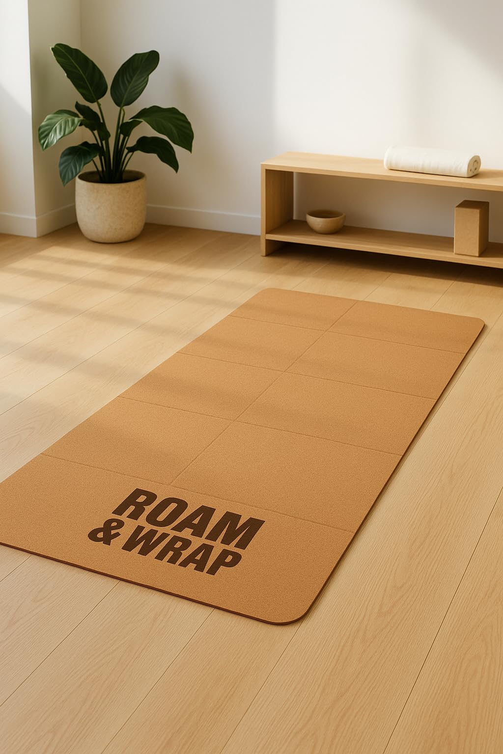 Roam & Wrap cotton drawstring pouch with folded mat for neat storage