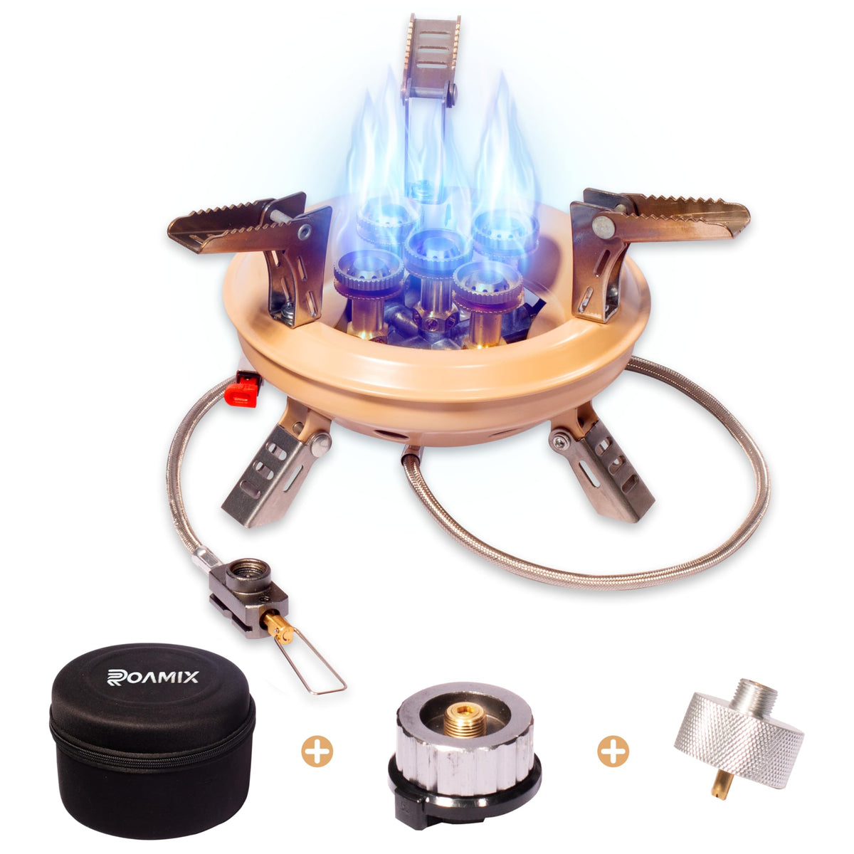 Roamix front view showing compact burner and sturdy pot supports for stable cooking