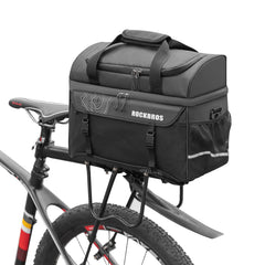 ROCKBROS front view trunk bag showing capacity and rack straps for secure storage