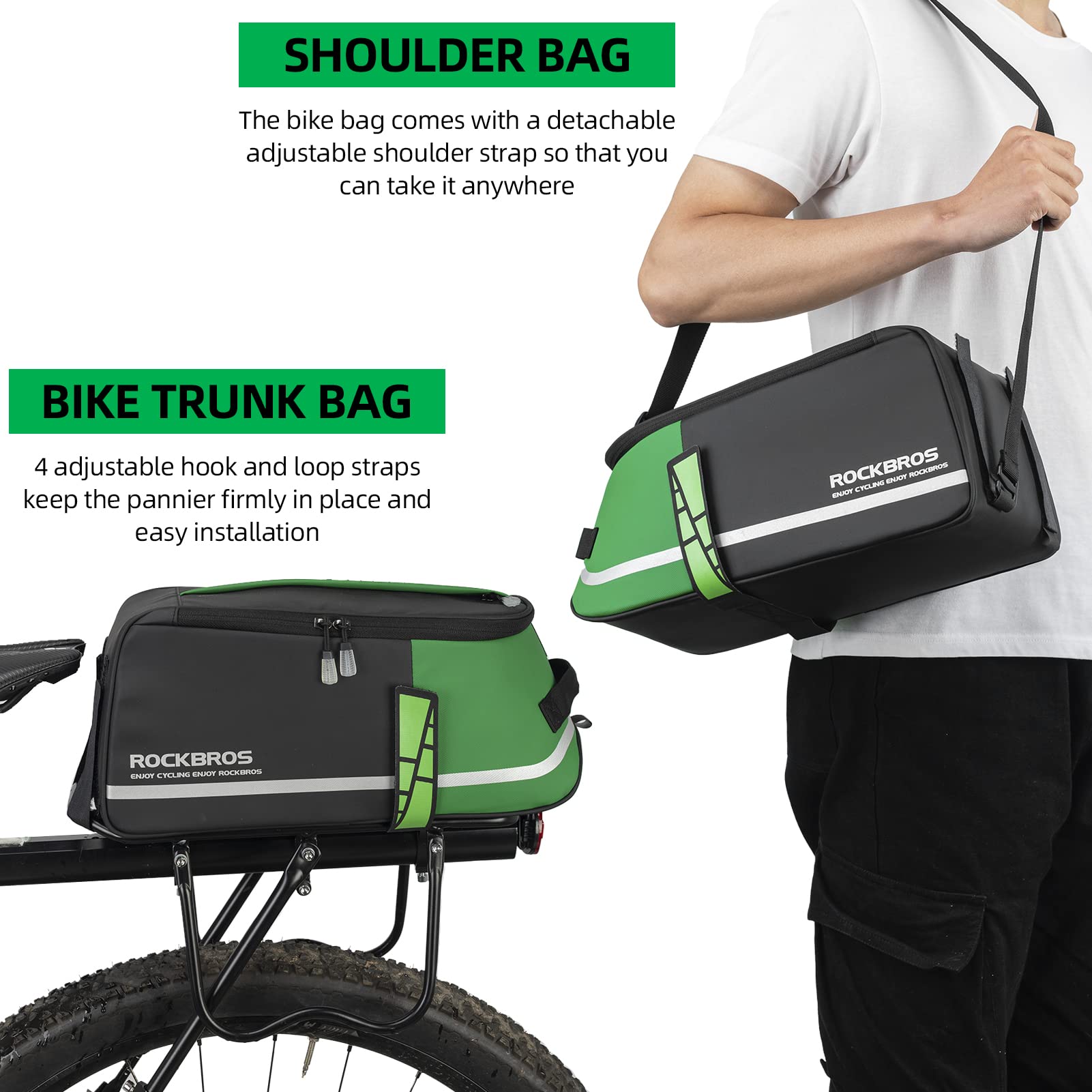 ROCKBROS green rain cover fitted over bag, protecting contents from rain