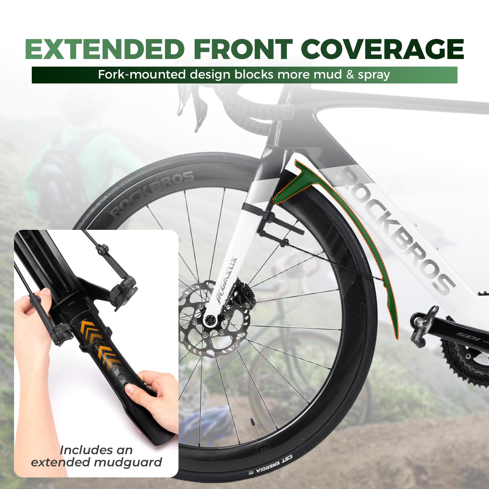 ROCKBROS mounted on 27.5" mountain bike, repels mud on trail