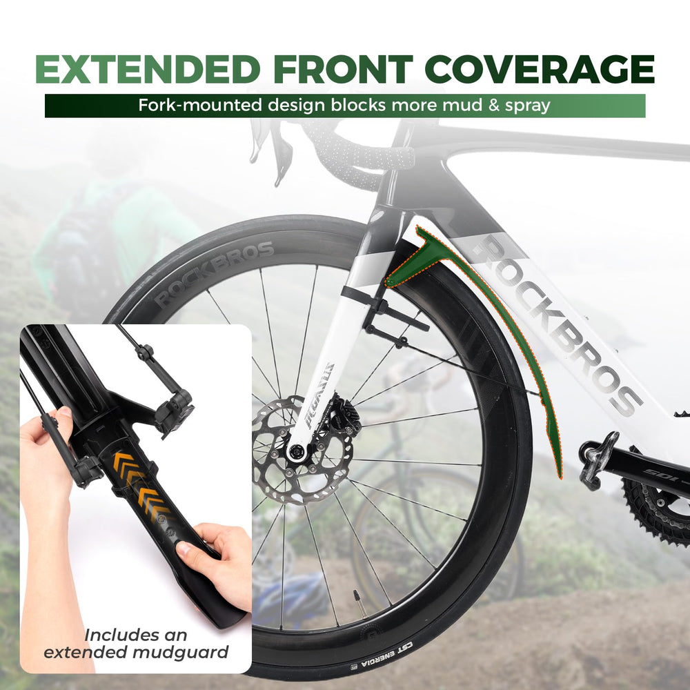 ROCKBROS mounted on 27.5" mountain bike, repels mud on trail