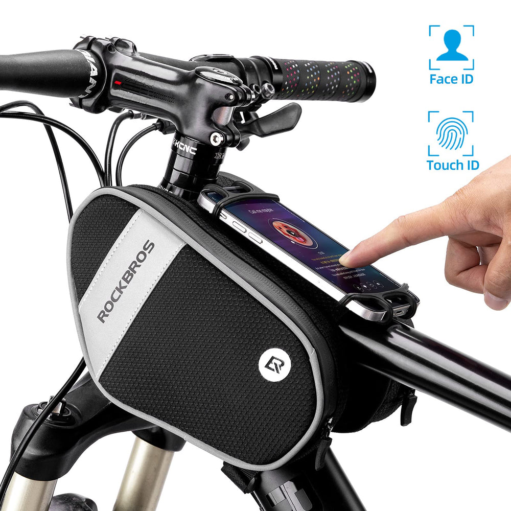 ROCKBROS bag installed on bike top tube demonstrating streamlined in-ride access