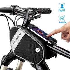 ROCKBROS bag installed on bike top tube demonstrating streamlined in-ride access
