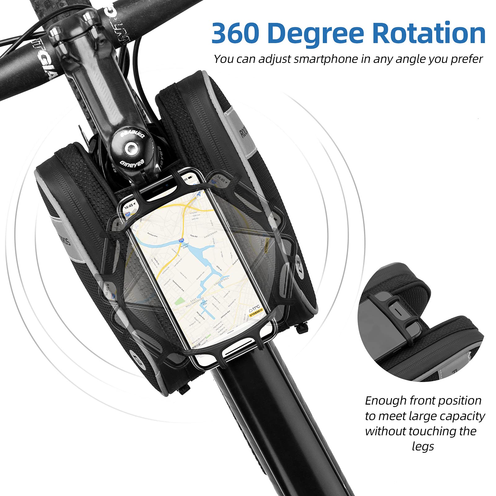 ROCKBROS close-up of rotating silicone phone cradle for easy portrait landscape use