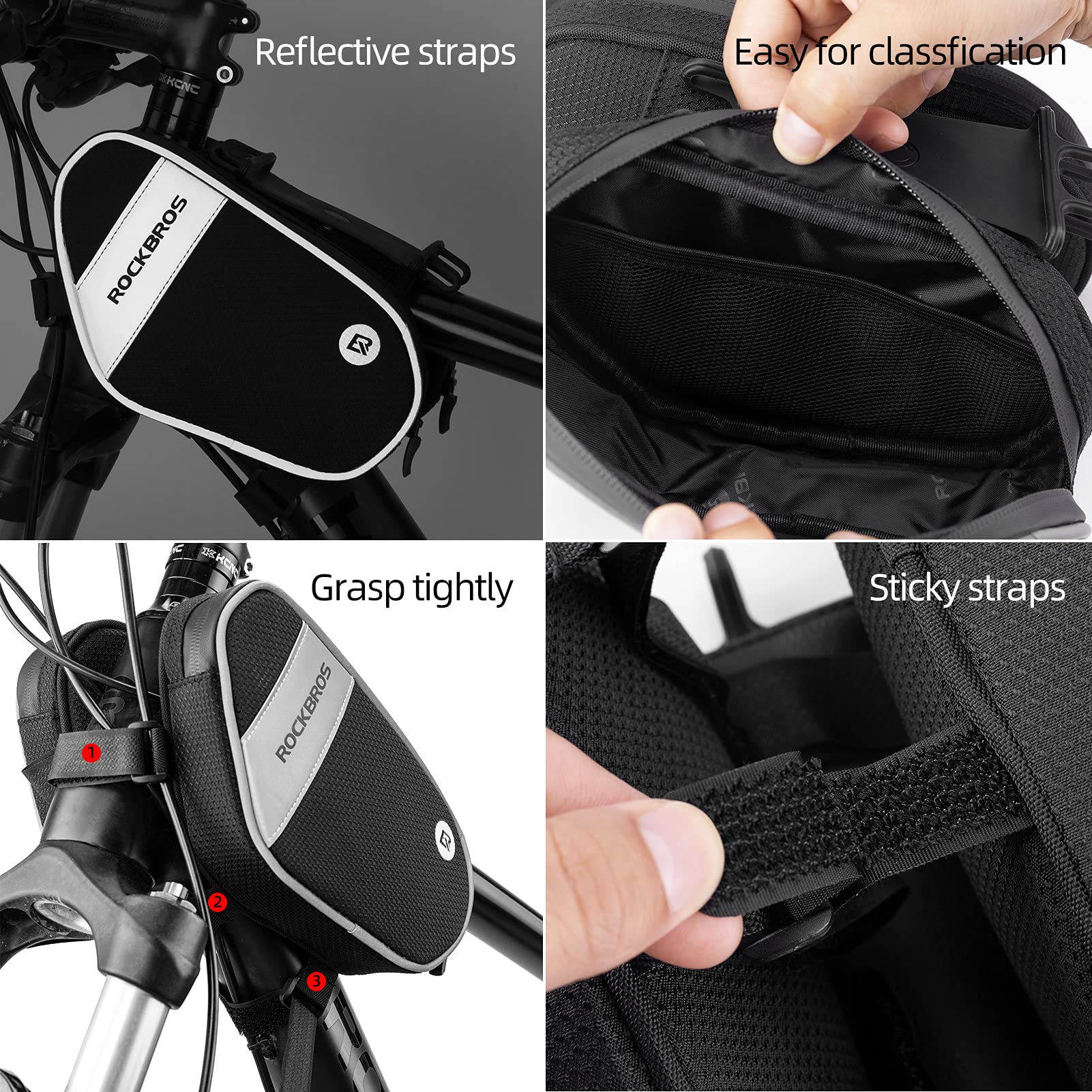 ROCKBROS rain cover and reflective tape detail for weather protection and visibility